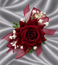 Load image into Gallery viewer, Burgundy, green and white everlasting flowers corsage AB2169 - School formal, prom, graduation