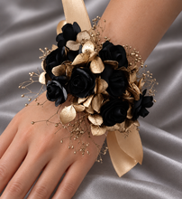 Load image into Gallery viewer, Graceful dainty Gold and black Everlasting flowers corsage & buttonhole set AB2174 - School formal, prom, graduation