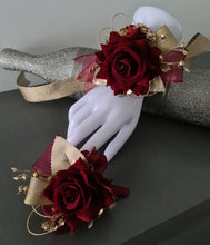 Load image into Gallery viewer, Burgundy and gold everlasting flowers corsage & buttonhole AB2176 - School formal, prom, graduation