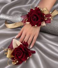 Load image into Gallery viewer, Burgundy and gold everlasting flowers corsage & buttonhole AB2176 - School formal, prom, graduation