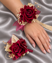 Load image into Gallery viewer, Burgundy and gold everlasting flowers corsage & buttonhole AB2176 - School formal, prom, graduation