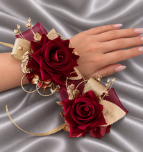 Load image into Gallery viewer, Burgundy and gold everlasting flowers corsage & buttonhole AB2176 - School formal, prom, graduation