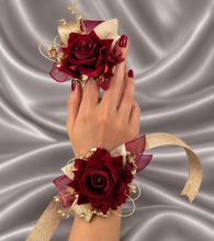 Load image into Gallery viewer, Burgundy and gold everlasting flowers corsage & buttonhole AB2176 - School formal, prom, graduation
