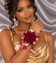 Load image into Gallery viewer, Burgundy and gold everlasting flowers corsage & buttonhole AB2176 - School formal, prom, graduation