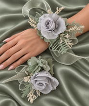 Load image into Gallery viewer, Gray and sage green preserved flowers corsage & buttonhole AB2177 - School formal, prom, graduation