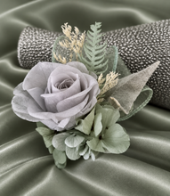 Load image into Gallery viewer, Gray and sage green preserved flowers corsage & buttonhole AB2177 - School formal, prom, graduation