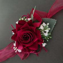 Load image into Gallery viewer, Burgundy, green and white corsage & buttonhole AB2178 - School formal, prom, graduation