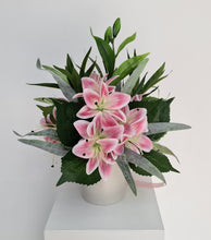 Load image into Gallery viewer, Pink lilies in white pot with lights – AB2191