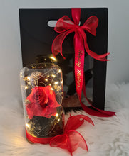 Load image into Gallery viewer, Medium glass flower dome with reflexed preserved red love rose – AB2201