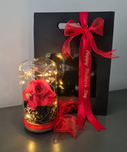Load image into Gallery viewer, Medium glass flower dome with reflexed preserved red love rose – AB2201