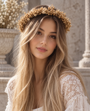 Load image into Gallery viewer, Brown baby’s breath / gypsophila flower crown with lace ribbon