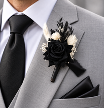 Load image into Gallery viewer, Black & off-white everlasting flowers buttonhole AB2207 – Wedding, Prom, Graduation