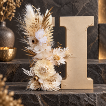 Load image into Gallery viewer, Preserved Everlasting flowers letter H - 15cm - White & Antique Gold