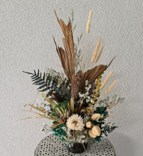 Load image into Gallery viewer, Everlasting flower arrangement with emerald green in wood stump pot