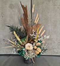 Load image into Gallery viewer, Everlasting flower arrangement with emerald green in wood stump pot