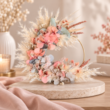 Load image into Gallery viewer, Peach sage everlasting flowers cake topper hoop – 5 inch