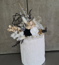 Load image into Gallery viewer, Gold, white & black Everlasting flowers cake topper