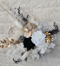 Load image into Gallery viewer, Gold, white & black Everlasting flowers cake topper