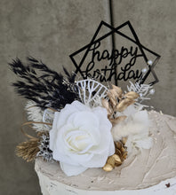 Load image into Gallery viewer, 3 x Gold white & black Everlasting flowers cake topper