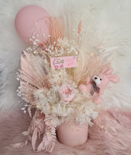 Load image into Gallery viewer, Pastel pink baby girl preserved flower arrangement w lights