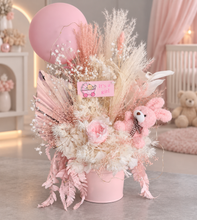 Load image into Gallery viewer, Pastel pink baby girl preserved flower arrangement w lights