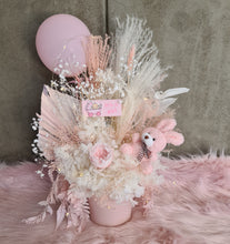 Load image into Gallery viewer, Pastel pink baby girl preserved flower arrangement w lights