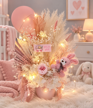 Load image into Gallery viewer, Pastel pink baby girl preserved flower arrangement w lights