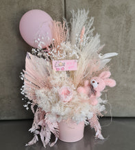 Load image into Gallery viewer, Pastel pink baby girl preserved flower arrangement w lights