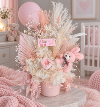 Load image into Gallery viewer, Pastel pink baby girl preserved flower arrangement w lights
