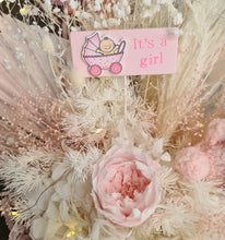 Load image into Gallery viewer, Pastel pink baby girl preserved flower arrangement w lights