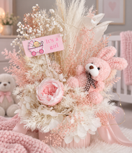Load image into Gallery viewer, Pastel pink baby girl preserved flower arrangement w lights