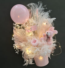 Load image into Gallery viewer, Personalised Pastel pink baby girl preserved flower arrangement w lights