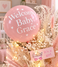 Load image into Gallery viewer, Personalised Pastel pink baby girl preserved flower arrangement w lights