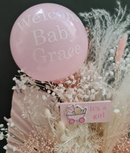 Load image into Gallery viewer, Personalised Pastel pink baby girl preserved flower arrangement w lights