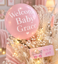 Load image into Gallery viewer, Personalised Pastel pink baby girl preserved flower arrangement w lights