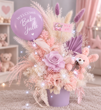 Load image into Gallery viewer, Personalised Pastel pink & violet baby girl preserved flowers with lights