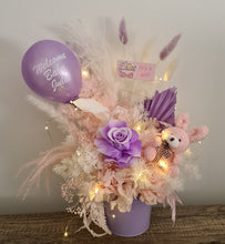 Load image into Gallery viewer, Personalised Pastel pink & violet baby girl preserved flowers with lights
