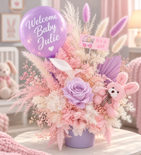 Load image into Gallery viewer, Personalised Pastel pink & violet baby girl preserved flowers with lights