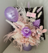 Load image into Gallery viewer, Personalised Pastel pink & violet baby girl preserved flowers with lights