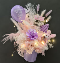 Load image into Gallery viewer, Personalised Pastel pink & violet baby girl preserved flowers with lights