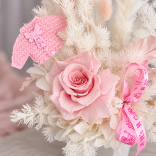 Load image into Gallery viewer, Personalised Baby girl preserved flowers with pastel pink preserved rose