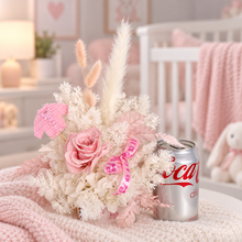 Load image into Gallery viewer, Personalised Baby girl preserved flowers with pastel pink preserved rose