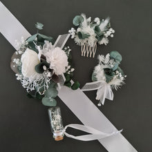 Load image into Gallery viewer, Preserved flowers White & green School prom set – corsage, buttonhole & hair comb