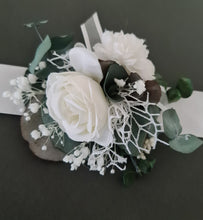 Load image into Gallery viewer, Preserved flowers White & green School prom set – corsage, buttonhole & hair comb