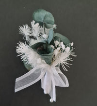 Load image into Gallery viewer, Preserved flowers White & green School prom set – corsage, buttonhole & hair comb