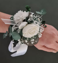 Load image into Gallery viewer, Preserved flowers White & green School prom set – corsage, buttonhole & hair comb