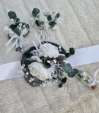 Load image into Gallery viewer, Preserved flowers White & green School prom set – corsage, buttonhole & hair comb