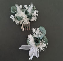 Load image into Gallery viewer, Preserved flowers White & green School prom set – corsage, buttonhole & hair comb