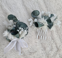 Load image into Gallery viewer, Preserved flowers White & green School prom set – corsage, buttonhole & hair comb