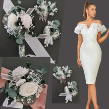 Load image into Gallery viewer, Preserved flowers White & green School prom set – corsage, buttonhole & hair comb
